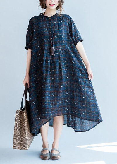 Classy blue plaid cotton dresses stand collar Plus Size summer Dress ...