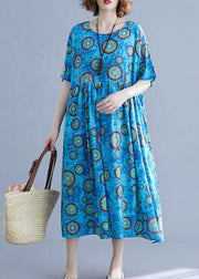 Classy blue print cotton dresses o neck pockets Kaftan summer Dresses - SooLinen