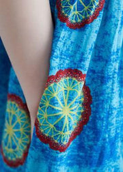 Classy blue print cotton dresses o neck pockets Kaftan summer Dresses - SooLinen