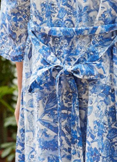 Classy blue print linen Long Shirts v neck tie waist oversized summer Dress - SooLinen