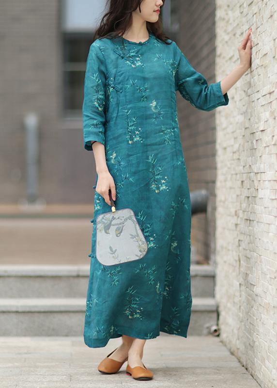 Classy blue print linen Wardrobes o neck half sleeve cotton summer Dress - SooLinen