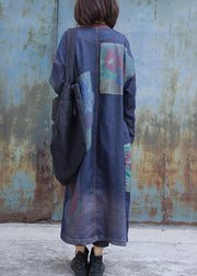 Classy blue prints Fashion trench coat Inspiration two big pockets thick coats - SooLinen