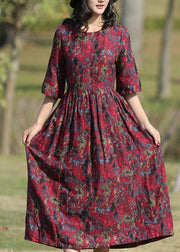 Classy burgundy prints linen Wardrobes o neck long summer Dress - SooLinen