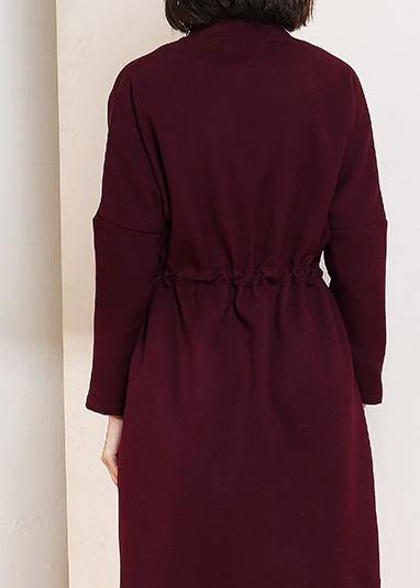 Classy burgundy fine trench coat Shape drawstring double breast women coats - SooLinen