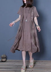 Classy chocolate Cotton Wardrobes o neck two pieces Knee summer Dresses - SooLinen