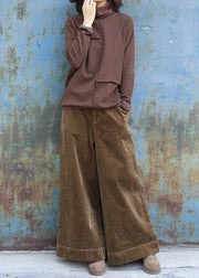 Classy chocolate cotton tunic top patchwork short high neck shirts - SooLinen