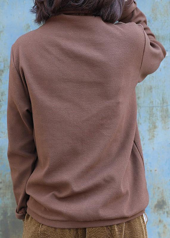 Classy chocolate cotton tunic top patchwork short high neck shirts - SooLinen