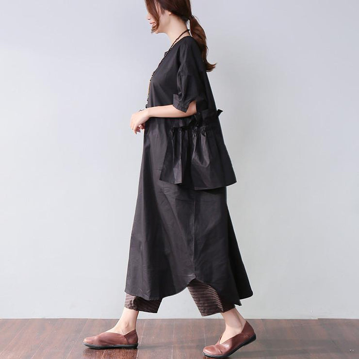 Classy cotton dresses stylish Casual Women Splicing Summer Loose Cotton Pocket Black Dress