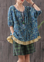 Classy cotton tunic top Boho Loose Print Short Sleeve Blouse - SooLinen