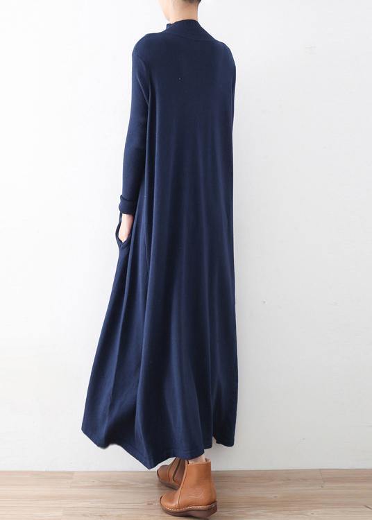 Classy dark blue tunic dresshigh neck Batwing Sleeve robes fall Dresses - SooLinen
