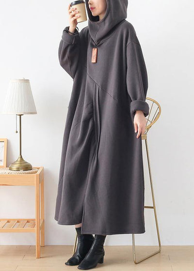 Classy dark gray Tunic hooded asymmetric long Dresses - SooLinen