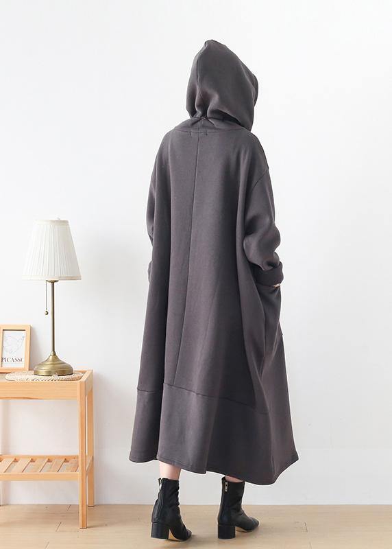 Classy dark gray Tunic hooded asymmetric long Dresses - SooLinen