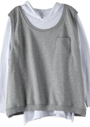 Classy dark gray tops women hooded two pieces oversized fall blouse - SooLinen