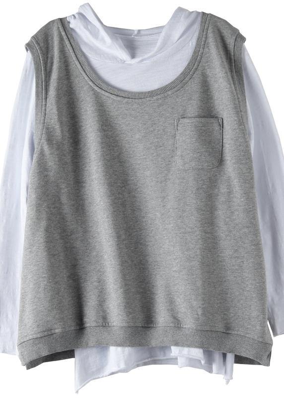 Classy dark gray tops women hooded two pieces oversized fall blouse - SooLinen