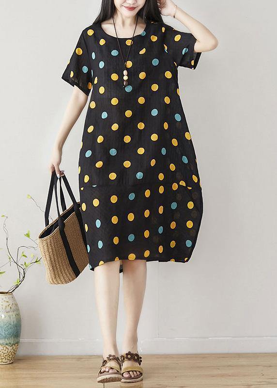 Classy dotted Cotton clothes Women Shape black Dress summer - SooLinen