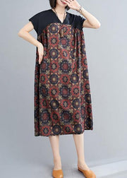 Classy floral cotton Tunics v neck patchwork Art summer Dresses - SooLinen