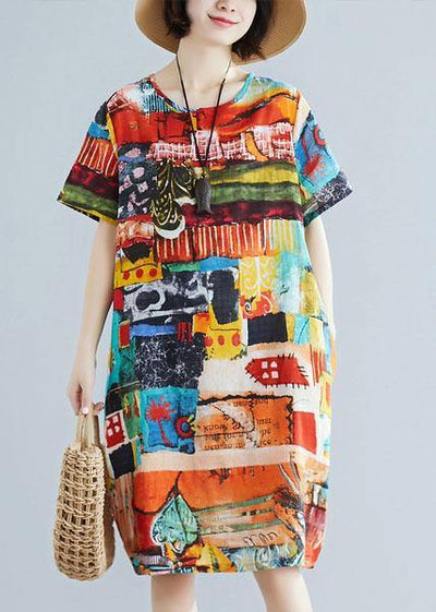 Classy floral linen cotton dress pattern o neck pockets A Line summer Dress - SooLinen