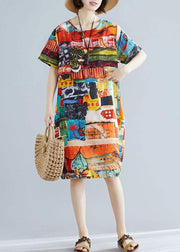 Classy floral linen cotton dress pattern o neck pockets A Line summer Dress - SooLinen