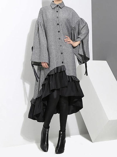 Classy gray Cotton quilting clothes lapel Ruffles Knee Dress - SooLinen