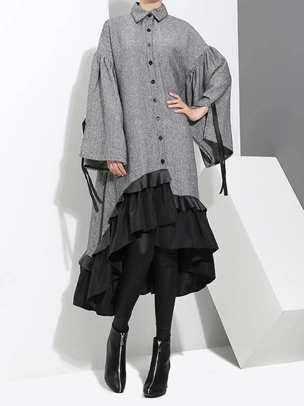 Classy gray Cotton quilting clothes lapel Ruffles Knee Dress - SooLinen