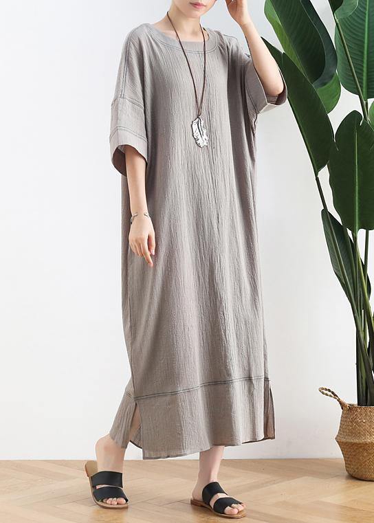 Classy gray cotton Tunic o neck patchwork loose summer Dress - SooLinen