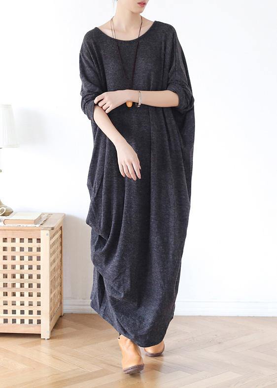 Classy gray cotton tunic dress o neck asymmetric long spring Dress - SooLinen