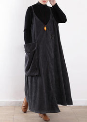 Classy gray dress Large pockets long fall Dresses - SooLinen