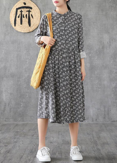 Classy gray print linen Wardrobes stand collar patchwork short Dresses - SooLinen