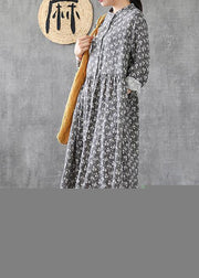 Classy gray print linen Wardrobes stand collar patchwork short Dresses - SooLinen