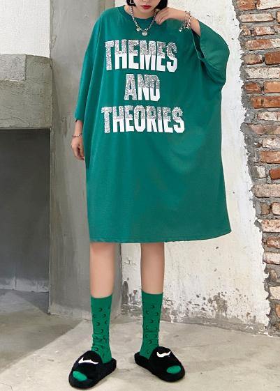 Classy green Cotton tunic dresso neck Letter Midi summer Dress - SooLinen