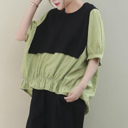 Classy green cotton Blouse o neck patchwork Art shirts - SooLinen