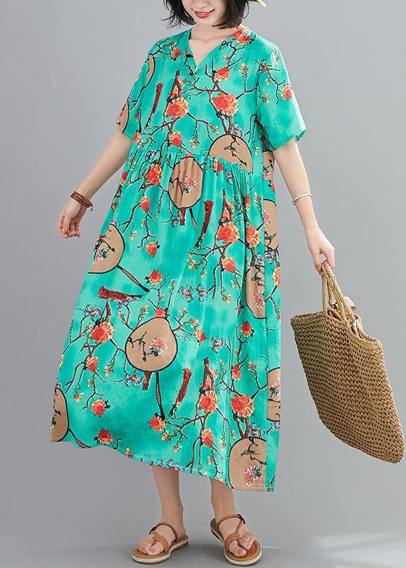 Classy green print quilting clothes v neck short sleeve Plus Size summer Dresses - SooLinen