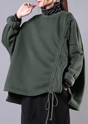 Classy high neck drawstring cotton tunic pattern Sleeve green blouse - SooLinen