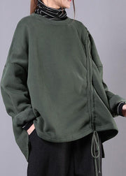 Classy high neck drawstring cotton tunic pattern Sleeve green blouse - SooLinen