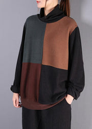 Classy high neck patchwork cotton fall Blouse pattern dark gray shirt - SooLinen
