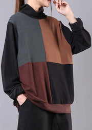 Classy high neck patchwork cotton fall Blouse pattern dark gray shirt - SooLinen