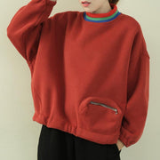 Classy high neck patchwork zippered tops women orange blouse - SooLinen