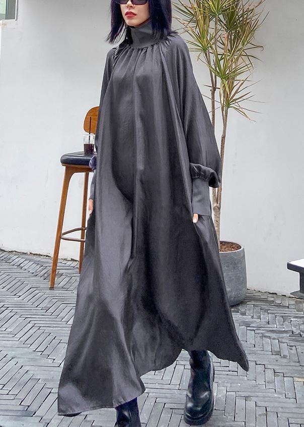 Classy high neck Cinched quilting dresses Shirts gray Maxi Dresses - SooLinen