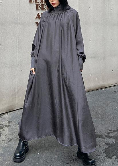 Classy high neck Cinched quilting dresses Shirts gray Maxi Dresses - SooLinen