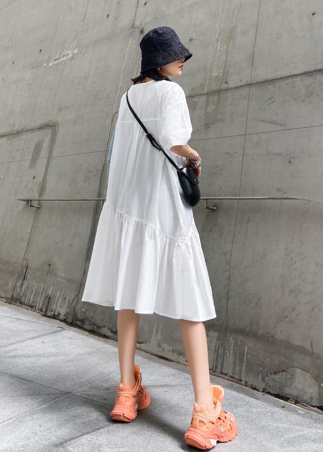 Classy high waist cotton summerWardrobes Shirts white patchwork Plus Size Dress - SooLinen