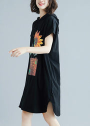 Classy hooded Cotton dresses Fabrics black Dresses summer - SooLinen