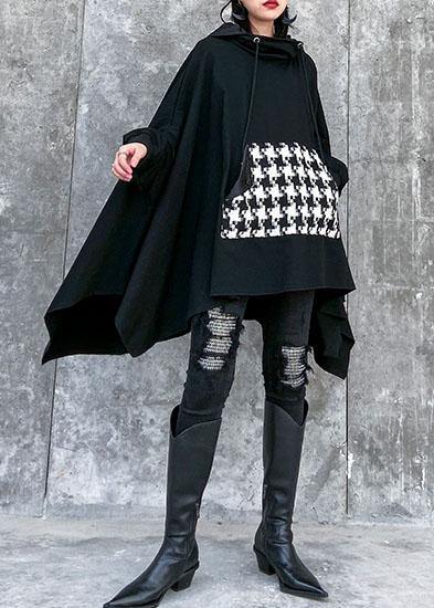 Classy hooded asymmetric cotton patchwork shirts women Cotton black top - SooLinen