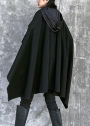 Classy hooded asymmetric cotton patchwork shirts women Cotton black top - SooLinen
