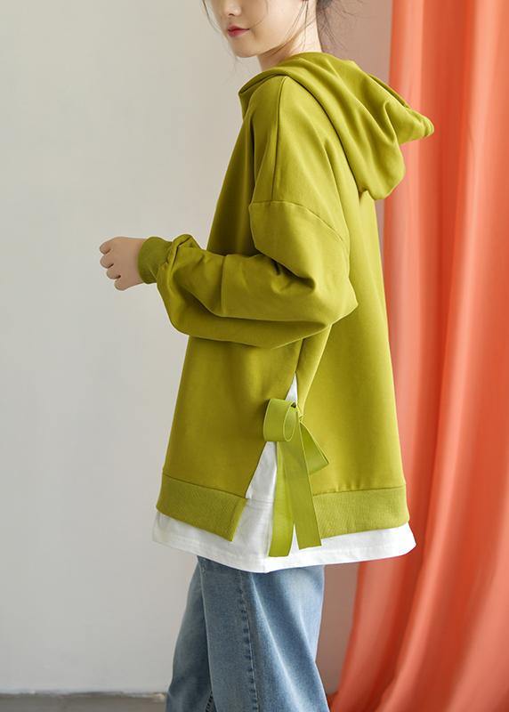 Classy hooded drawstring cotton clothes For Women Work Outfits green tops fall - SooLinen