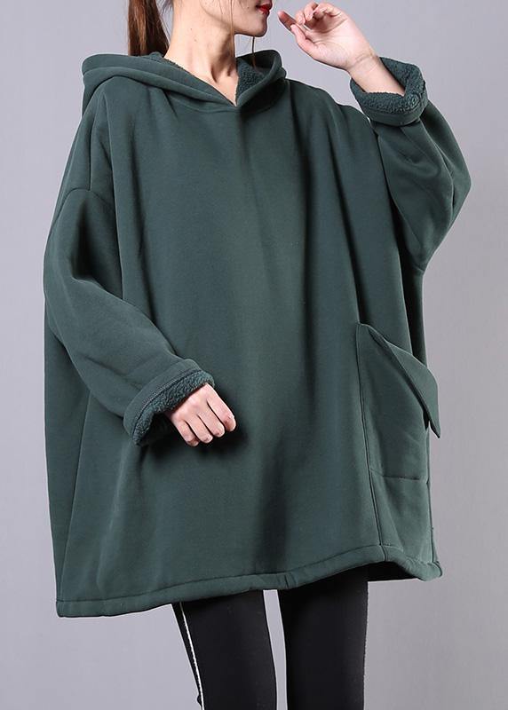 Classy hooded pockets cotton tunics for women Fabrics green blouse - SooLinen