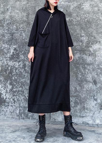 Classy hooded side open spring Wardrobes black Dress - SooLinen