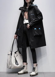 Classy hooded zippered Fine outwear black Letter Midi women coats - SooLinen