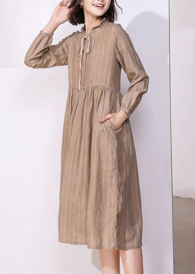 Classy khaki linen dresses v neck Robe high neck Dresses - SooLinen
