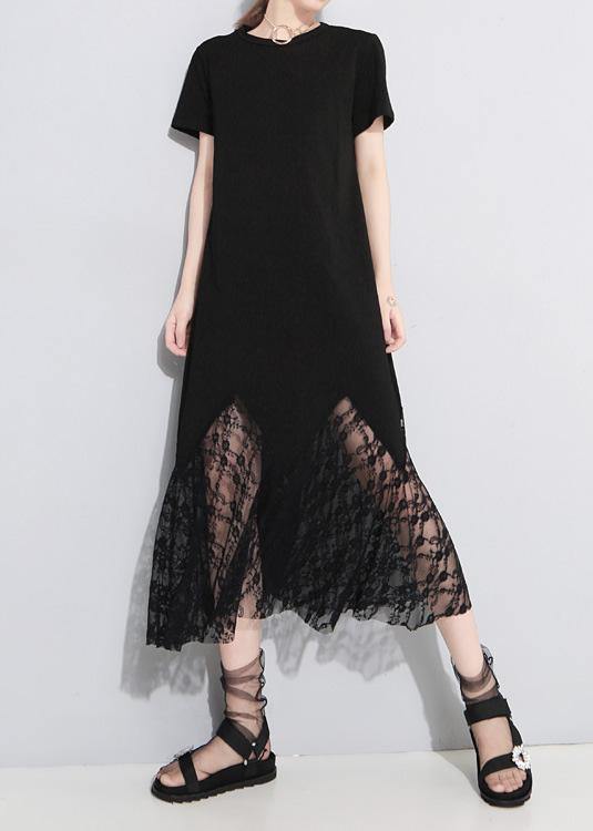 Classy lace patchwork cotton tunic dress Outfits black Art Dress summer hollow out - SooLinen