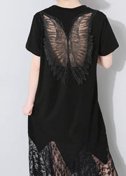 Classy lace patchwork cotton tunic dress Outfits black Art Dress summer hollow out - SooLinen